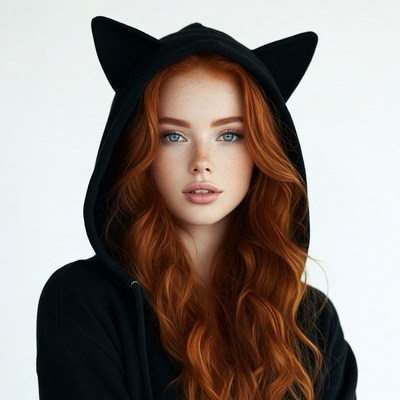 Redhead woman in cat ear hoodie