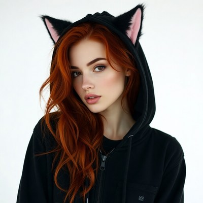 Redhead woman in black cat hoodie