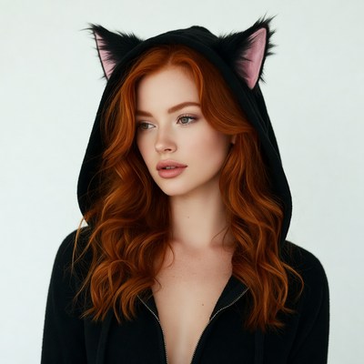 Redhead woman in cat ear hoodie