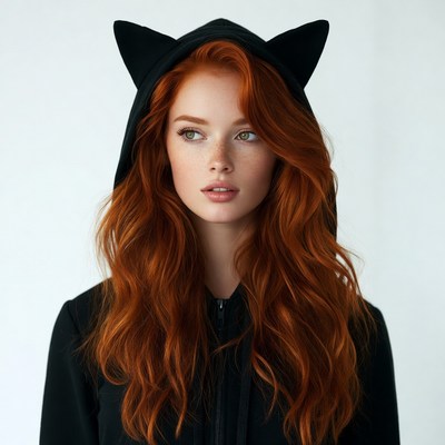 Redhead woman in cat ear hoodie