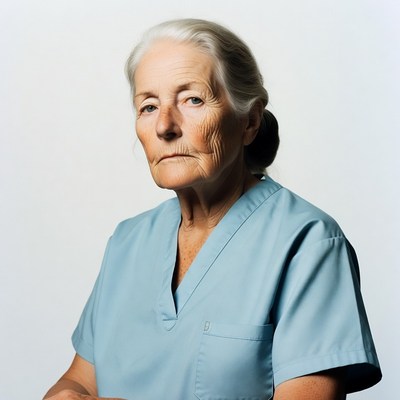 Elderly woman in blue scrubs