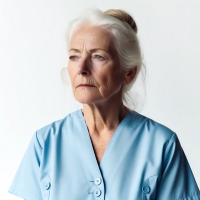 Elderly woman in blue scrubs
