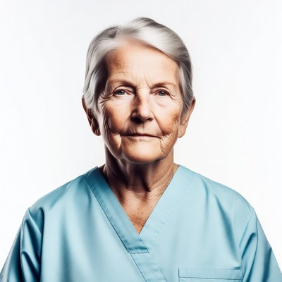 Elderly woman in blue scrubs