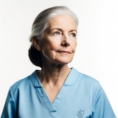 Elderly woman in blue nurse uniform