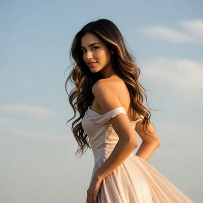 Latina woman in flowing beige gown