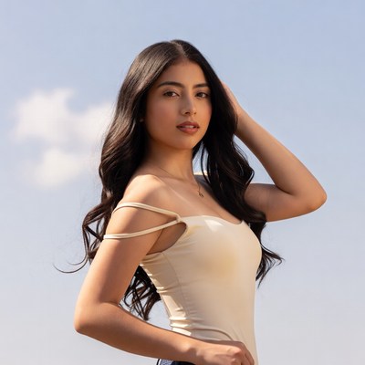 Latino woman with long hair outdoors