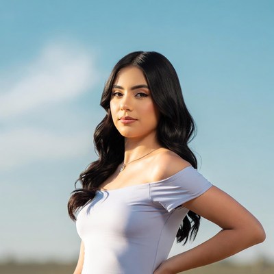 Latina woman in off-shoulder top outdoors