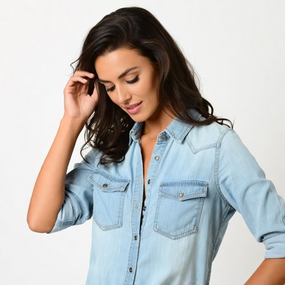 Woman touching face in denim shirt