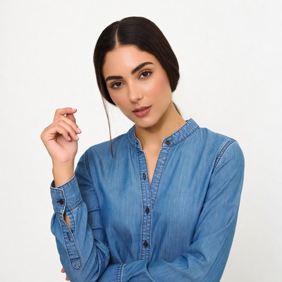 Woman in blue shirt touching chin