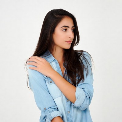 Woman in blue denim shirt looking sideways