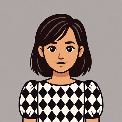 Asian woman in checkered dress illustration