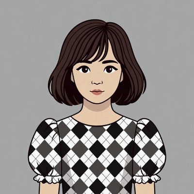 Asian girl in checkered dress illustration