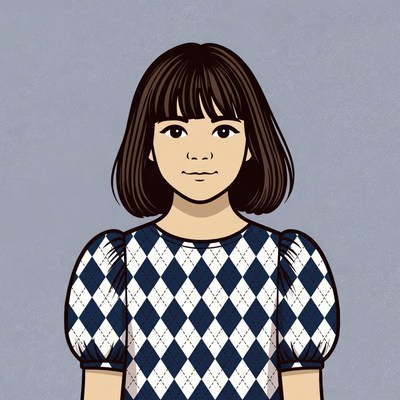 Asian girl in checkered dress illustration
