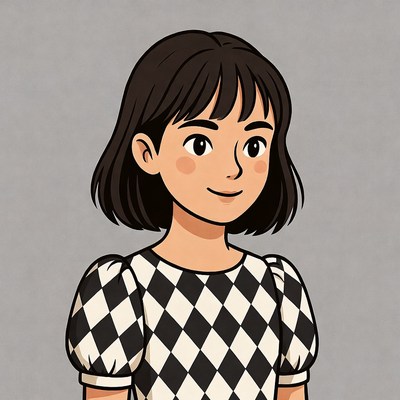 Anime girl in checkered dress smiling