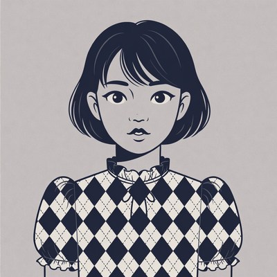 Asian girl in black white checkered dress