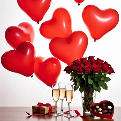 Red Heart Balloons with Champagne Roses