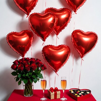 Red Heart Balloons with Roses and Champagne