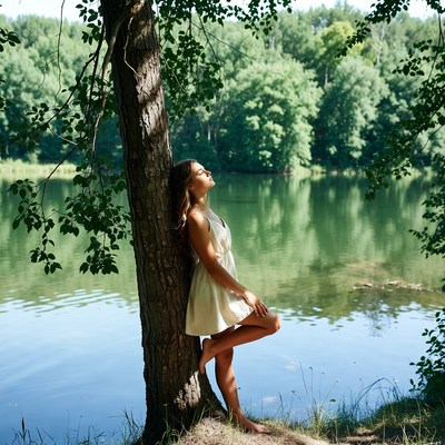 Woman leaning against tree by lake