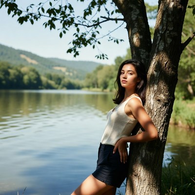 Young woman leaning against tree by lake
