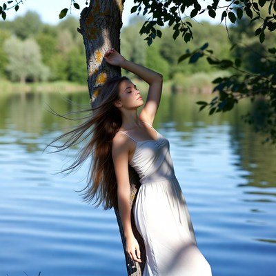 Woman leaning against tree by lake
