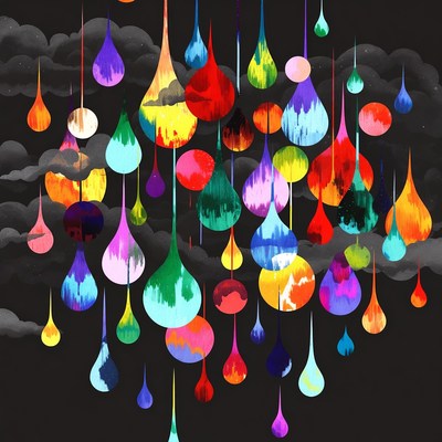 Colorful Raindrops Falling on Dark Cloudy Sky