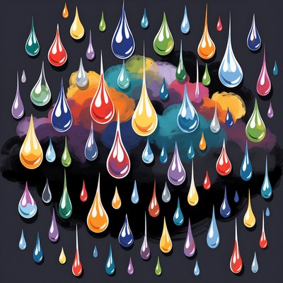 Colorful Raindrops Falling from Cloud