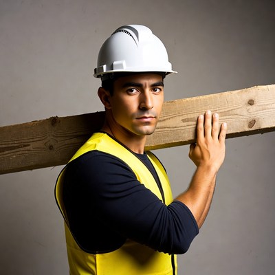Man carrying wood plank in hard hat