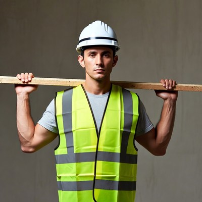 Construction worker holding wooden beam