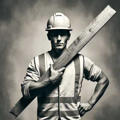 Construction worker holding wooden beam