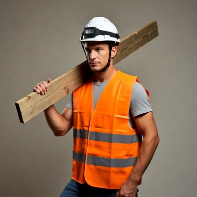 Construction worker carrying wooden plank
