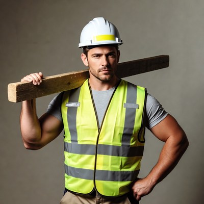 Construction worker carrying wooden beam