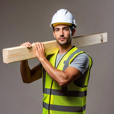 Construction worker carrying wooden beam