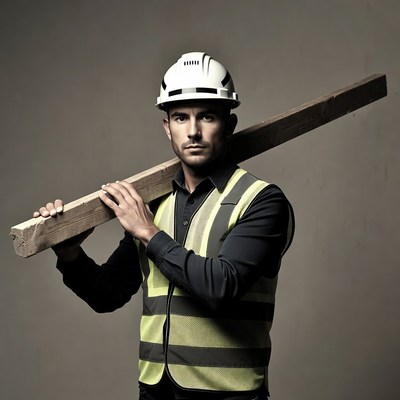 Man carrying wooden beam in hard hat