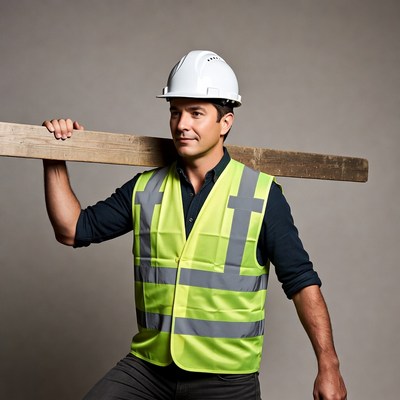 Man carrying wood plank in safety vest
