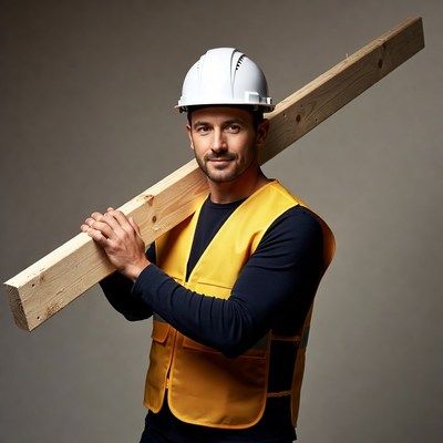 Man carrying wood plank in hard hat