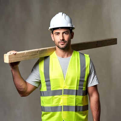 Construction worker carrying wooden beam