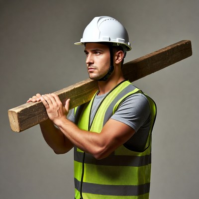 Construction worker carrying wooden beam