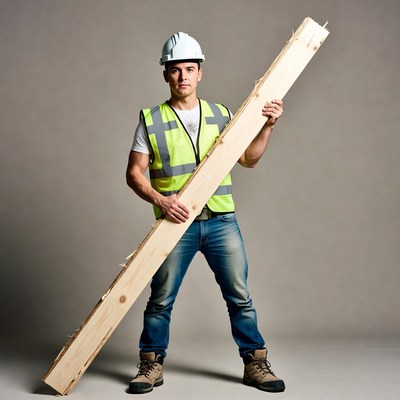 Construction worker holding wooden plank