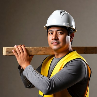 Asian construction worker holding wooden beam