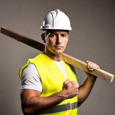 Construction worker carrying wooden beam