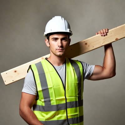 Construction worker holding wooden plank