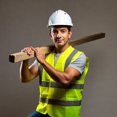 Construction worker holding wooden beam