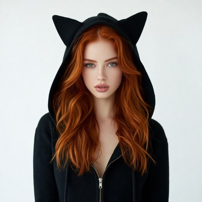 Redhead woman in black cat ear hoodie