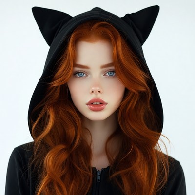 Redhead woman in cat ear hoodie