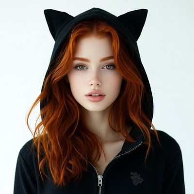 Redhead woman in cat ear hoodie