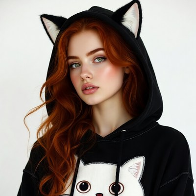 Redhead woman in cat ear hoodie