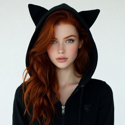Redhead woman in cat ear hoodie