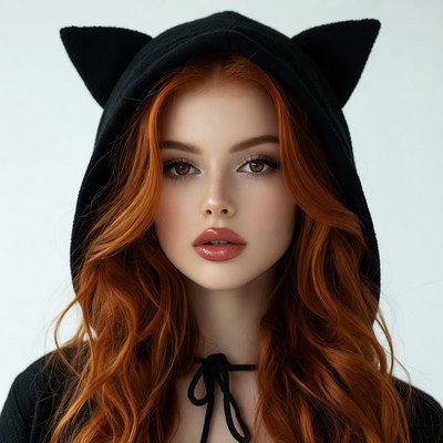 Redhead woman in cat ear hoodie