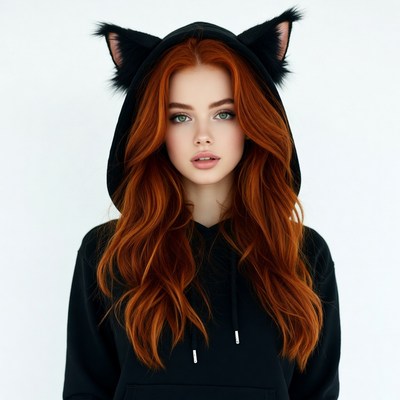 Redhead woman in black cat hoodie