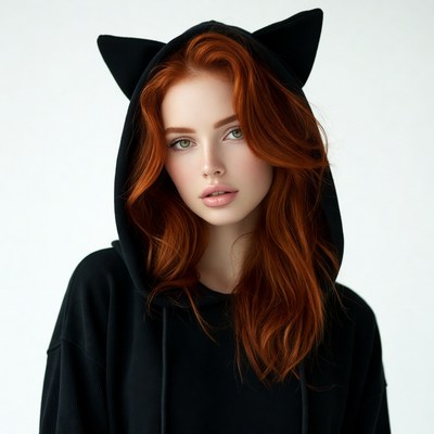 Redhead woman in black cat ear hoodie